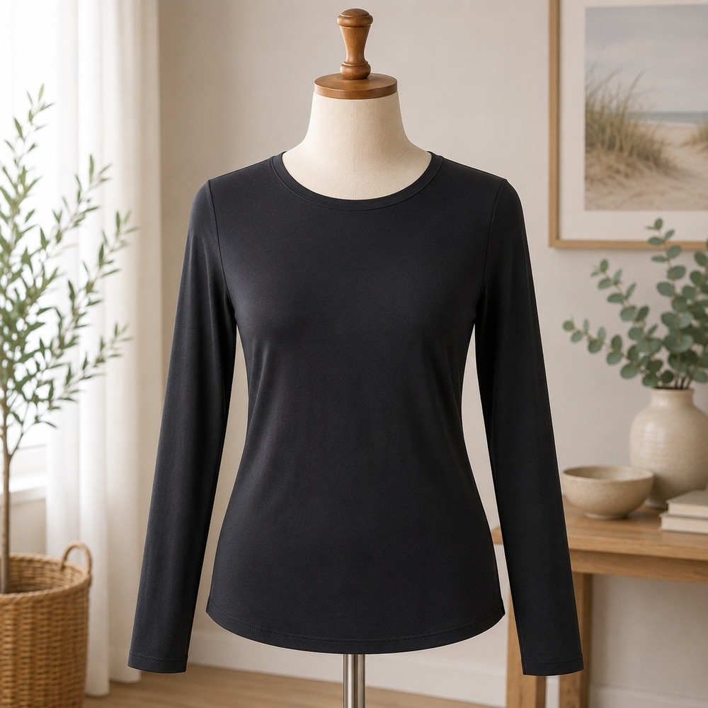 Nordstrom Rack Ruched Side Long Sleeve Top Womens Small Black Crew Neck Slim Fit